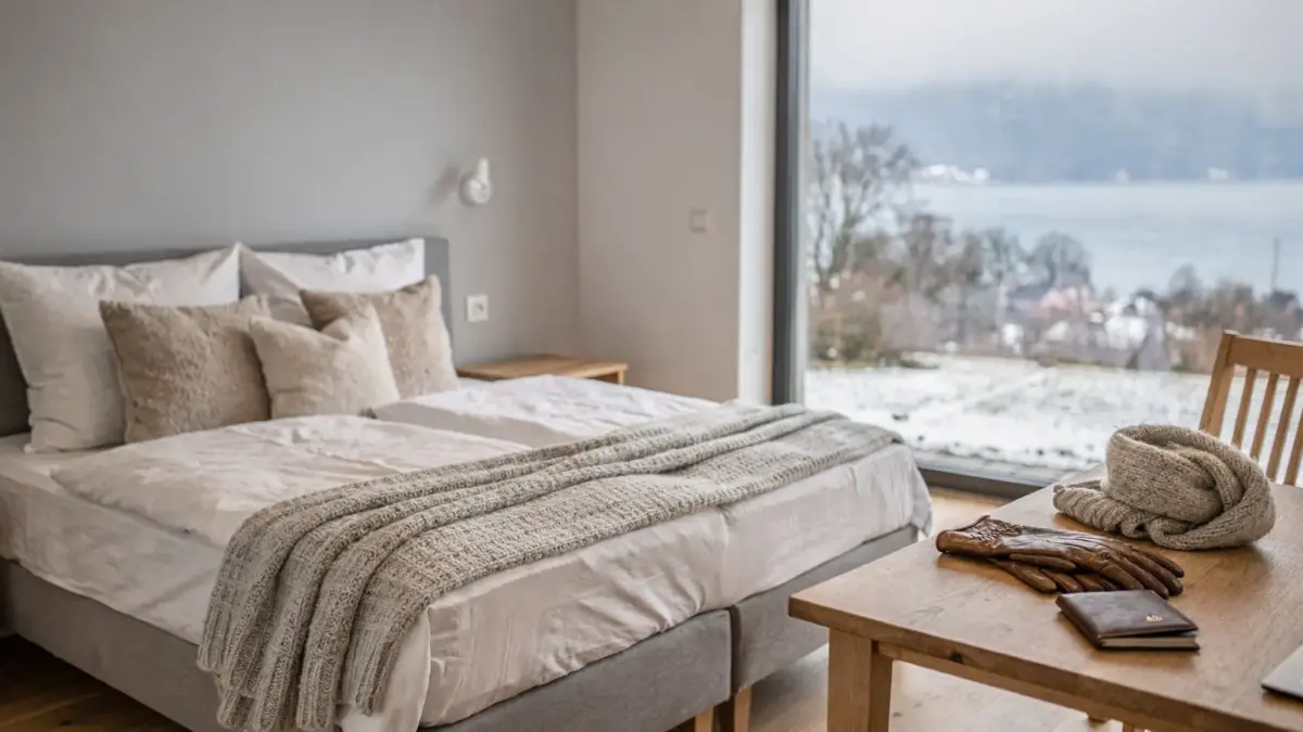 Winterliche Ferienwohnung am Bodensee mit Blick auf den See und gemütlicher Einrichtung