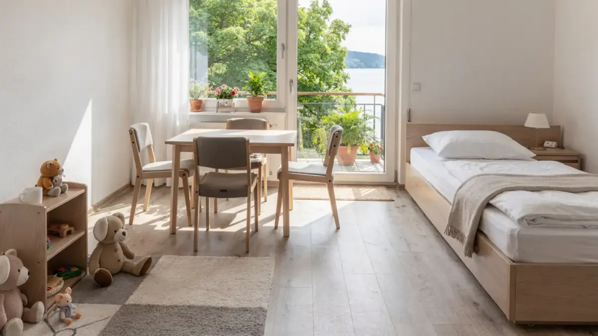 Ferienwohnung am Bodensee mit kindgerechtem Wohnbereich, Betten und Spielplatz für Familien