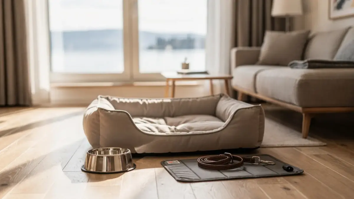 Ferienwohnung am Bodensee mit Hund: Hundebett, Napf und Leine in heller Unterkunft