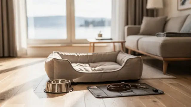 Ferienwohnung am Bodensee mit Hund: Hundebett, Napf und Leine in heller Unterkunft