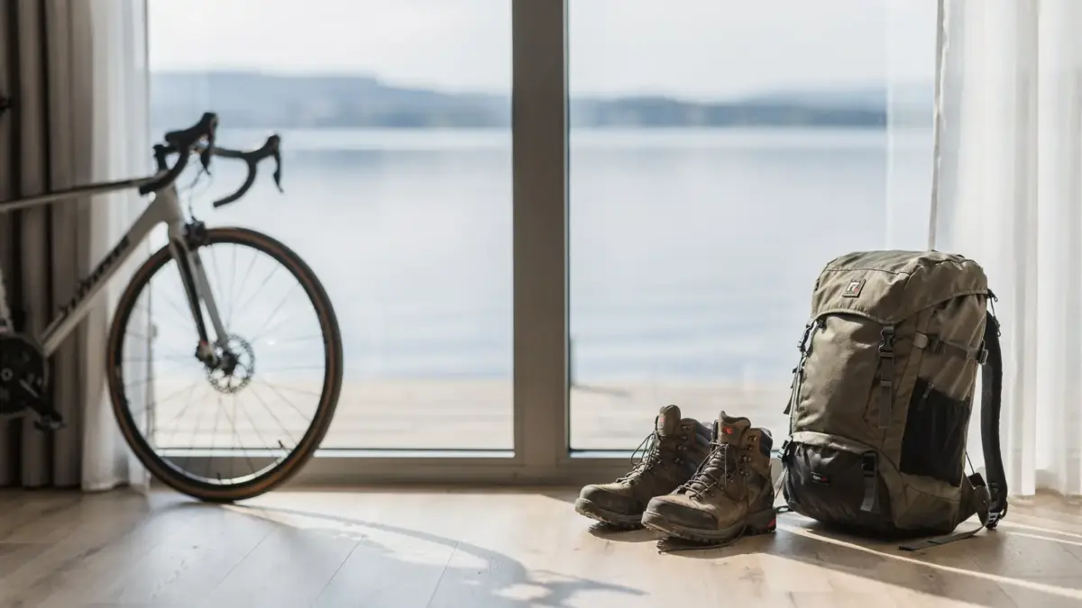 Bodensee-Orte für Aktivurlaub: Unterkunft mit Fahrrad, Wanderschuhen und Blick auf den See