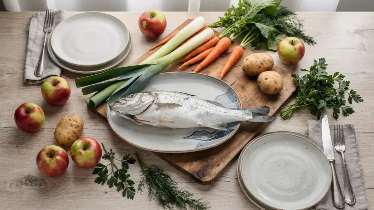 Regionale Bodensee-Küche mit Fisch, Gemüse, Äpfeln und Kräutern auf einem Holztisch