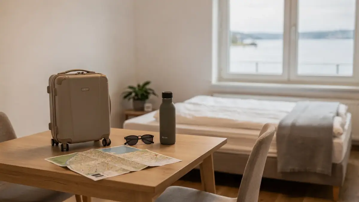 Konstanz Ferienwohnung am Bodensee mit Blick auf die Uferlage und Reisegepäck