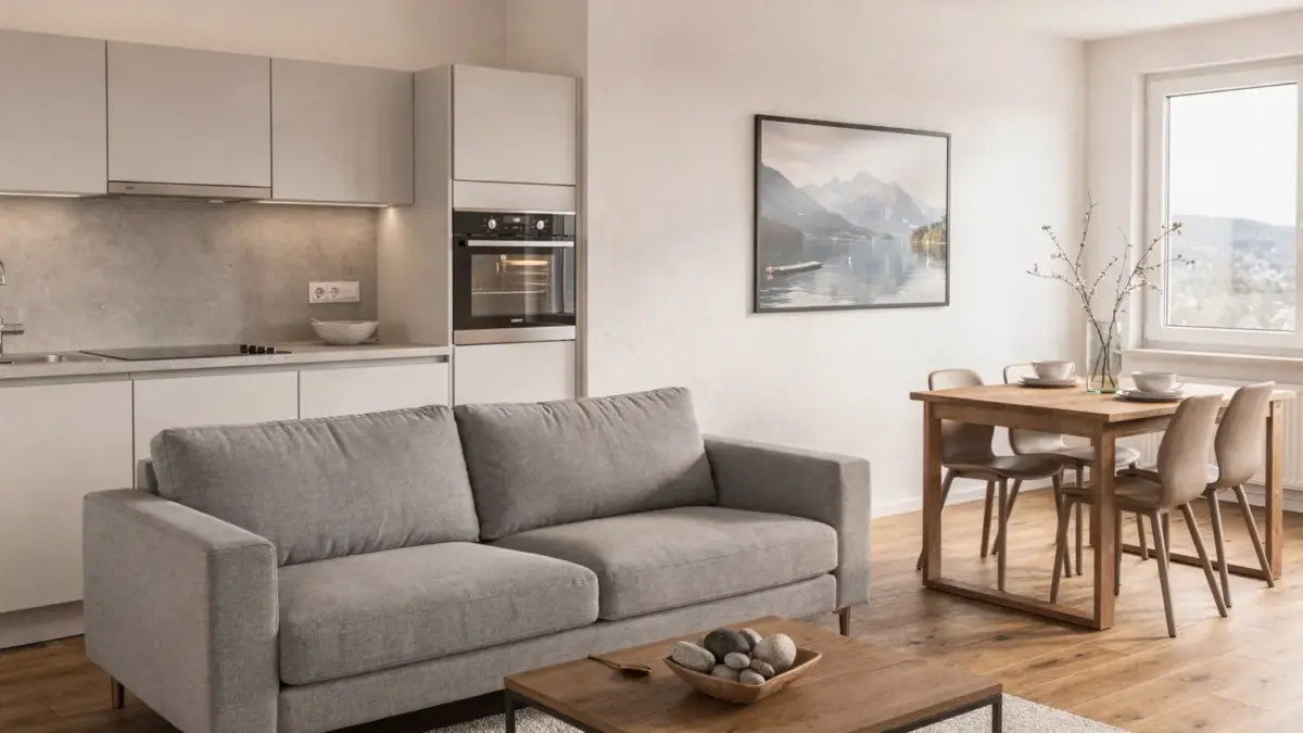 Moderne Ferienwohnung in Lindau mit Wohnbereich und Küchenzeile zum Thema Lage, Ausstattung und Preise