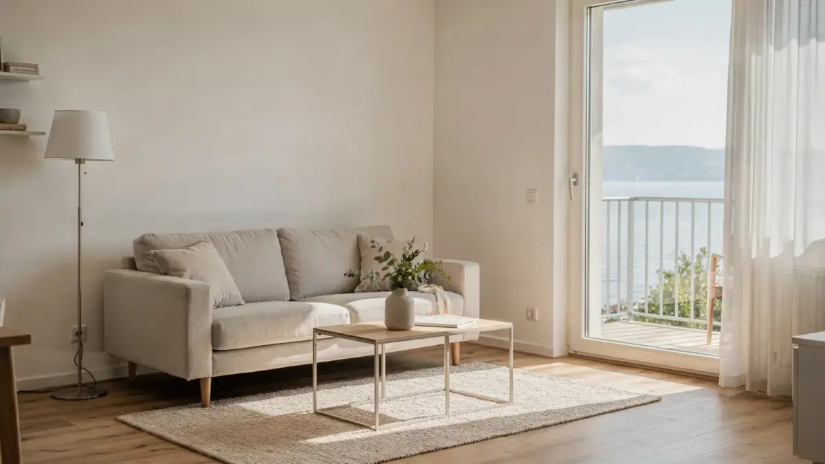 Ferienwohnung auf der Höri am Bodensee mit hellem Wohnraum und Blick ins Grüne
