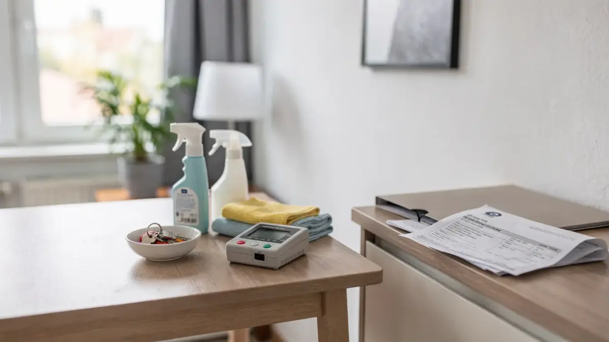 Ferienwohnung mit Nebenkosten-Symbolen wie Zähler, Schlüssel und Rechnung zum Thema Zusatzkosten