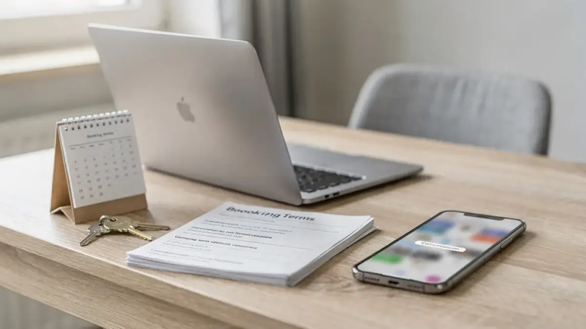 Ferienwohnung-Stornierung: Kalender, Laptop und Buchungsunterlagen auf einem Tisch in einer hellen Ferienwohnung