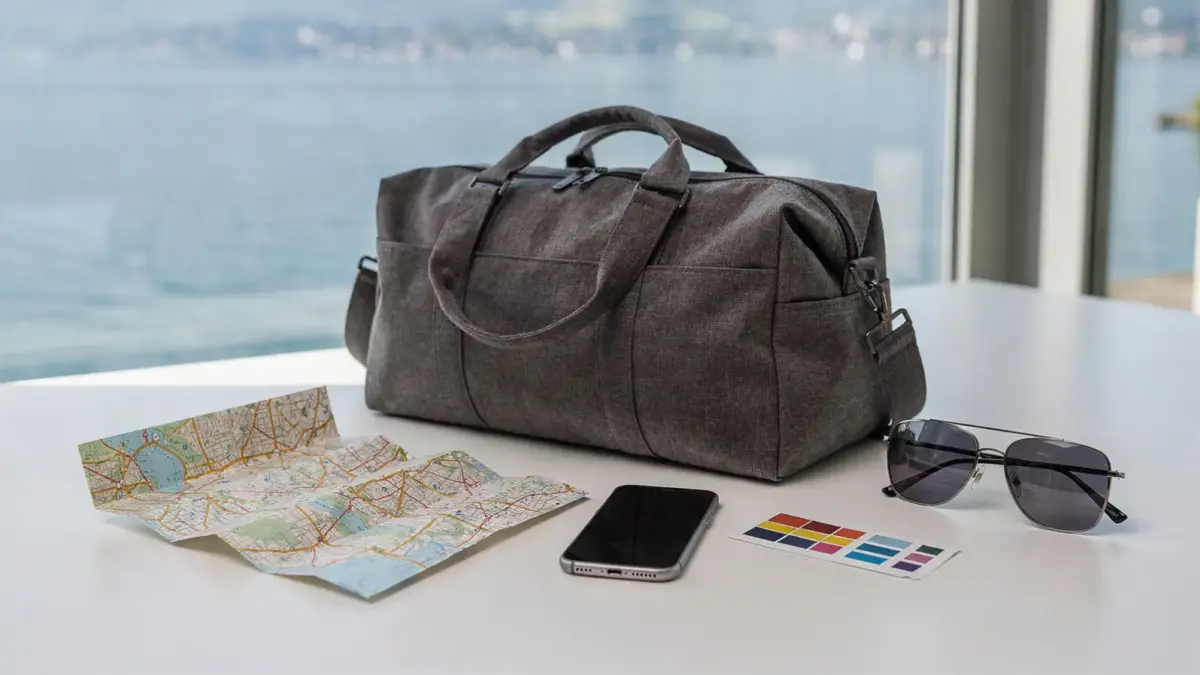 Reiseutensilien für einen spontanen Bodensee-Kurztrip mit Karte, Tasche und Smartphone