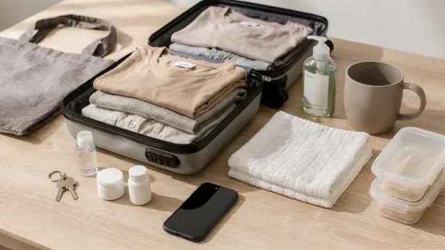 Ferienwohnung-Urlaub-Packliste mit Koffer, Kleidung, Hygieneartikeln und Küchen-Basics auf einem Tisch