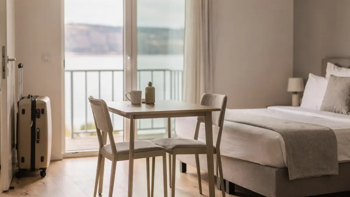 Tidy Ferienwohnung am Bodensee mit Tisch, Bett und Balkonblick auf den See