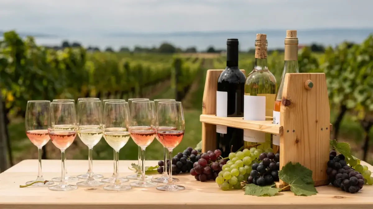 Weinprobe am Bodensee mit Weingläsern, Weinflasche und Reben vor Seehintergrund