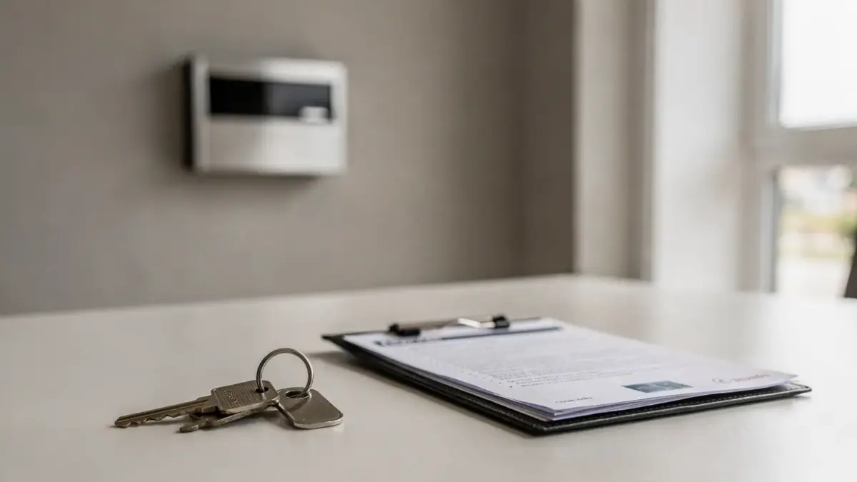 Schlüsselübergabe und Check-out in der Ferienwohnung mit Schlüssel, Check-in-Mappe und Eingangsbereich