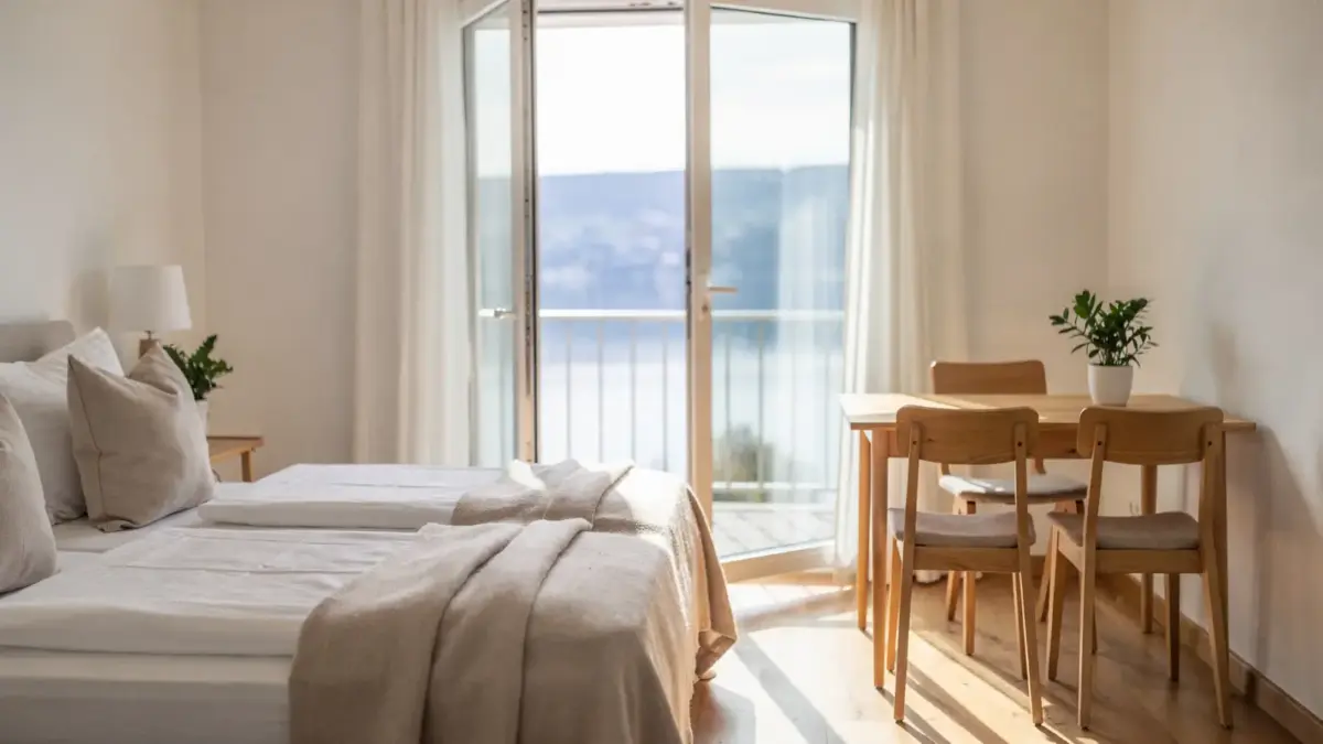 Ferienwohnung mit Seeblick am Bodensee für 2 Personen mit Doppelbett und Blick zum See