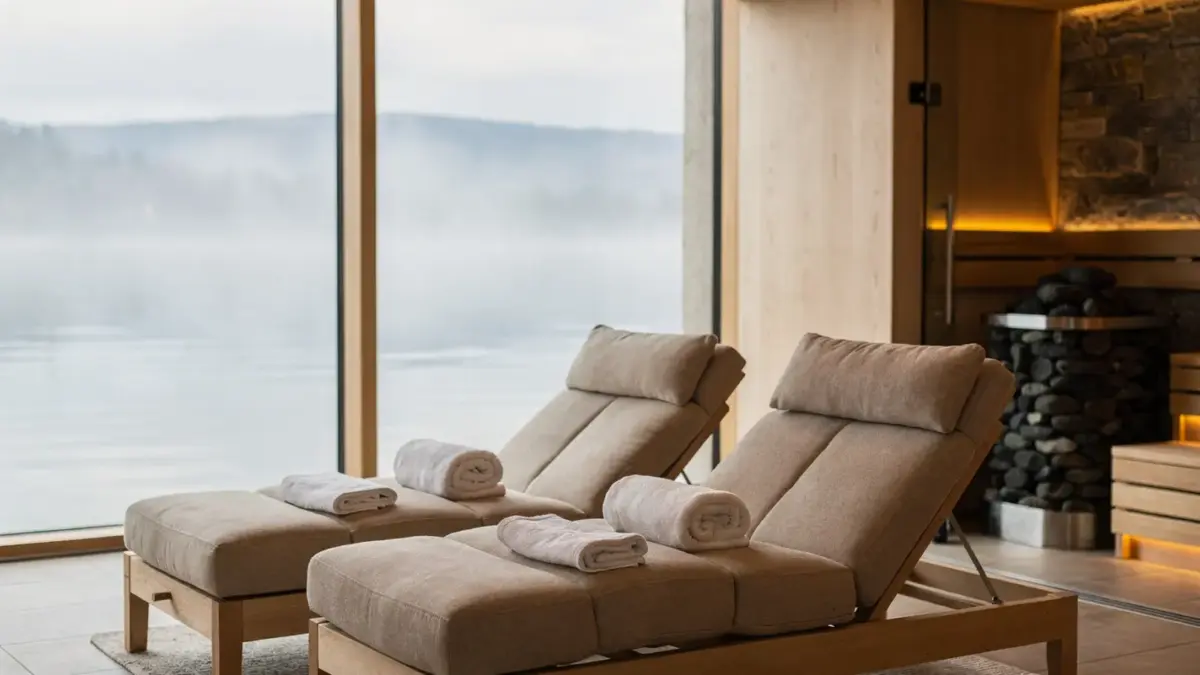 Wellness am Bodensee für Paare: Spa-Lounge mit Liegen, Handtüchern und Seeblick