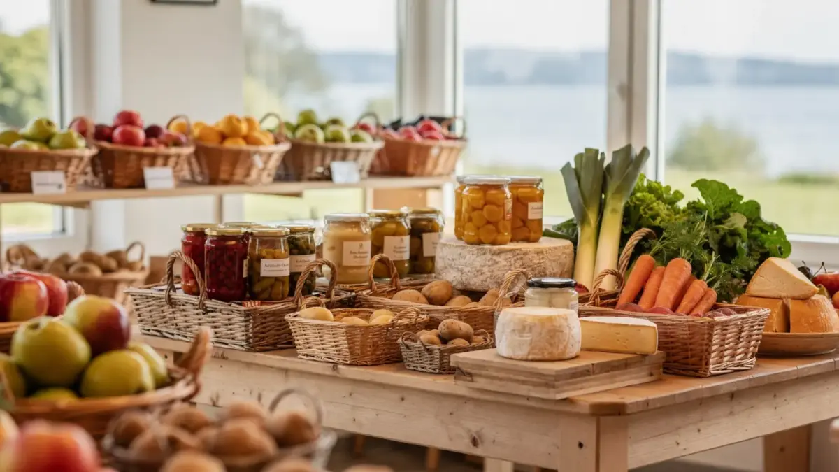 Hofladen am Bodensee mit regionalen Lebensmitteln wie Gemüse, Käse und Konfitüren