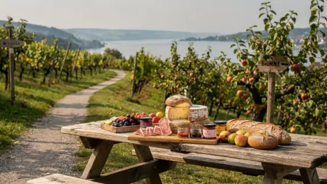 Genusswanderung am Bodensee mit Wanderweg, Weinbergen, See und regionalem Picknick