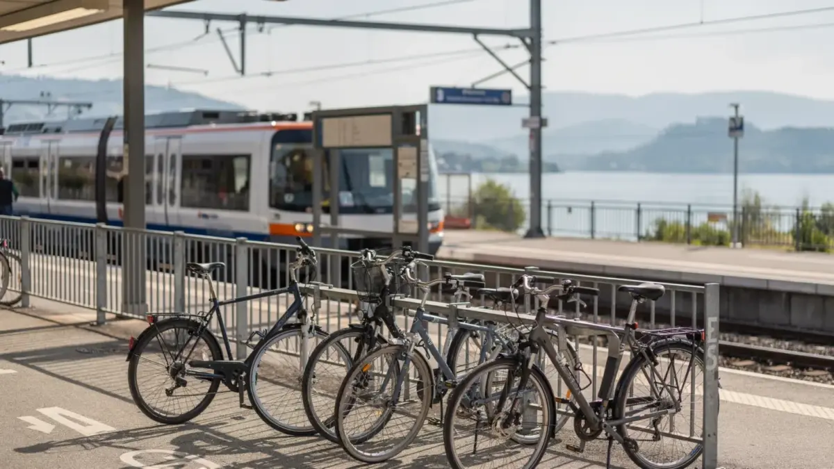 Bahnhof am Bodensee mit Fahrradständern zum Thema Bodensee ohne Auto und Mobilität vor Ort