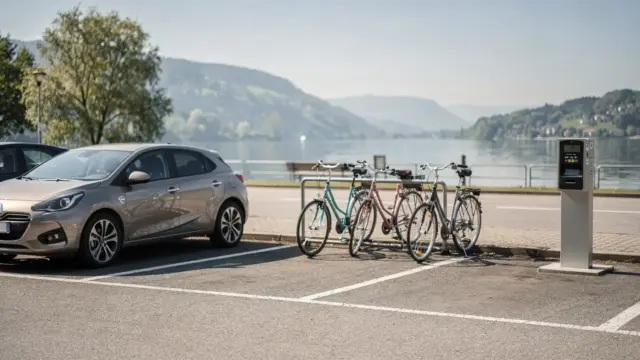 Parkplatz am Bodensee mit Parkscheinautomat und Autos – Thema: Bodensee parken
