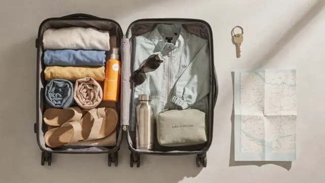 Geordnete Bodensee-Packliste mit Koffer, Badekleidung, Jacke und Reiseutensilien für Urlaub und Ferienwohnung