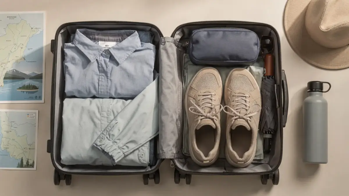 Koffer mit Regenjacke, Schuhen und Sonnenbrille für Bodensee-Wetter packen