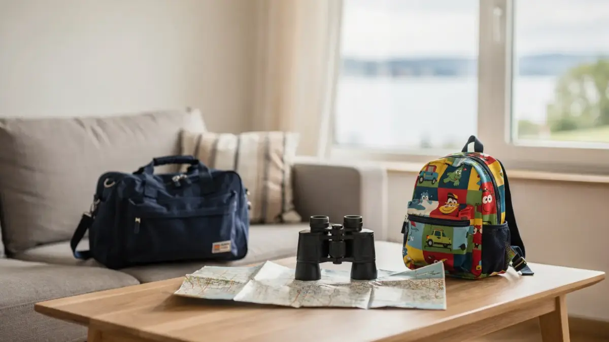 Familienfreundliche Ferienwohnung am Bodensee mit Kindergepäck, Karte und Blick auf den See für den Bodensee-Urlaub mit Kindern