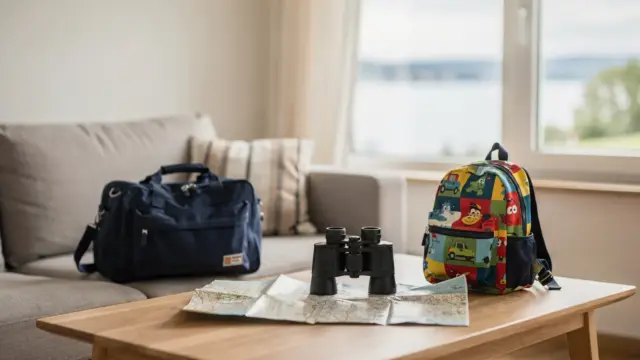 Familienfreundliche Ferienwohnung am Bodensee mit Kindergepäck, Karte und Blick auf den See für den Bodensee-Urlaub mit Kindern