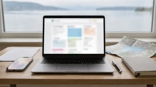 Laptop mit Kalender und Reisematerial zum Thema Last-Minute-Buchung am Bodensee