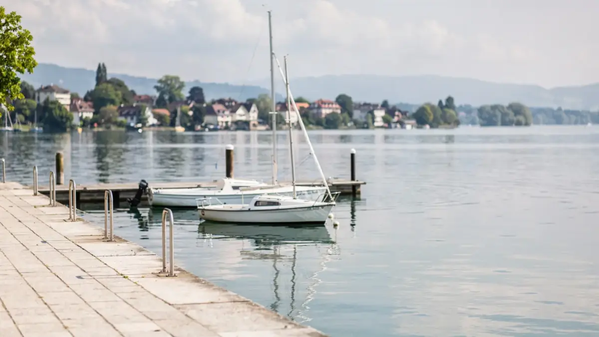 Blick auf den Bodensee mit Hafen und Uferpromenade als Last-Minute-Reiseziel
