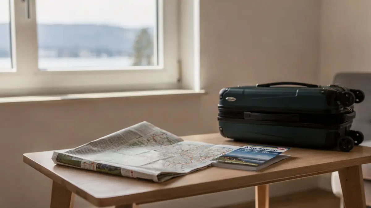Ferienwohnung am Bodensee mit Karte, Koffer und Tisch als Basis für den Urlaub