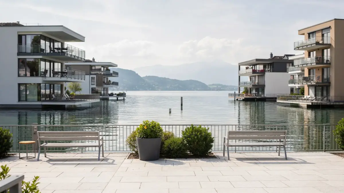 Blick auf Ferienwohnungen am Bodensee mit Seeblick in einer Uferstadt