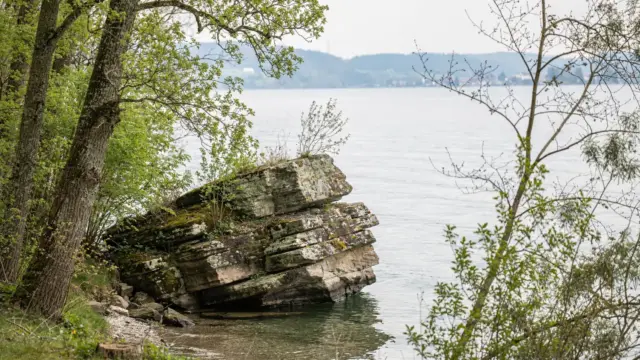Naturdenkmal am Bodensee mit Felsformationen, Ufervegetation und ruhigem Wasser