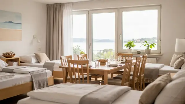 Ferienwohnung für Gruppen am Bodensee mit mehreren Schlafplätzen und Esstisch in heller Umgebung