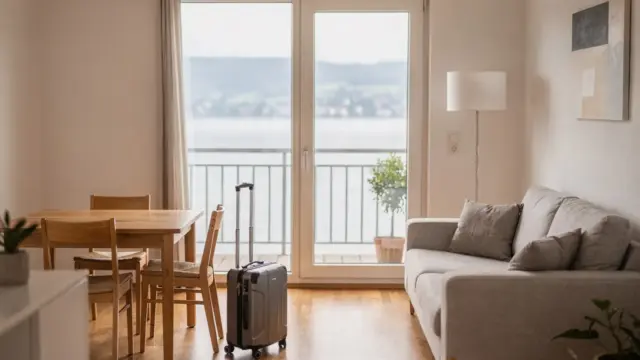 Furnished Ferienwohnung am Bodensee für einen längeren Aufenthalt mit Tisch, Koffer und Blick ins Licht