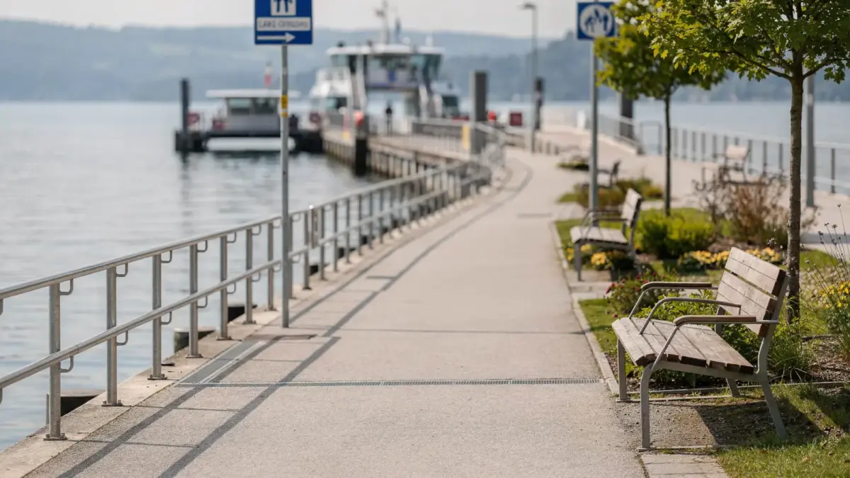 Barrierefreier Uferweg am Bodensee mit Rampe und Sitzbank für gut zugängliche Ausflüge