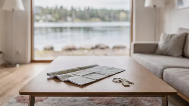 Ferienwohnung am See mit Blick auf den See und Karte auf dem Tisch als Thema der Uferwohnungen-Suche